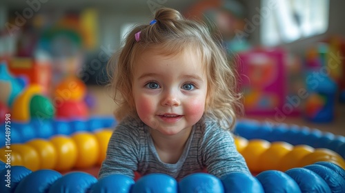 Child practicing hula hooping indoors surrounded by toys and furniture