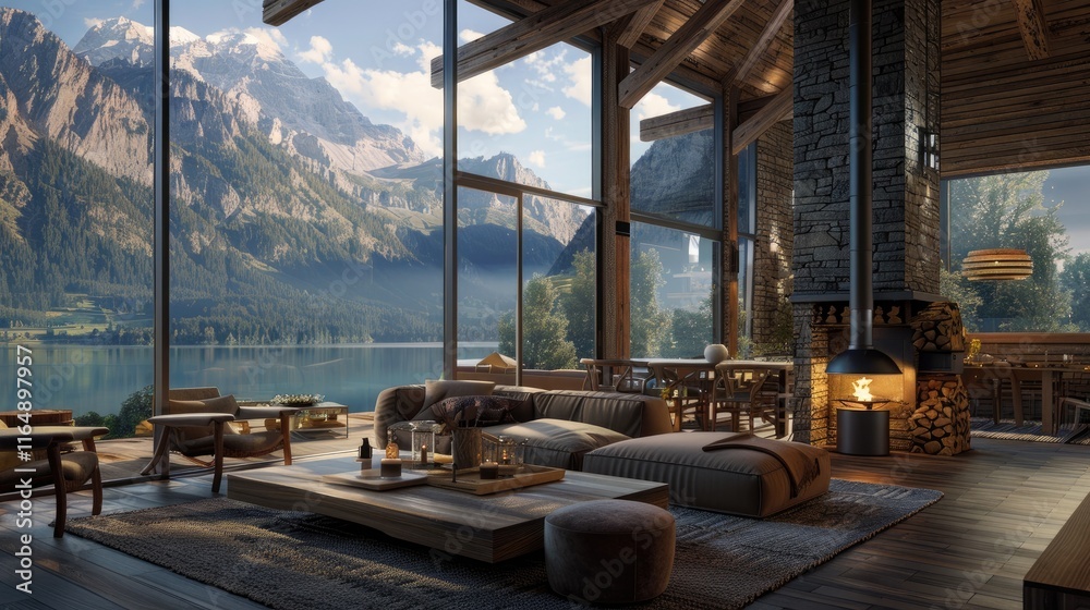 A cozy interior with large windows showcasing a stunning mountain landscape. A cozy interior with large windows showcasing a stunning mountain landscape.