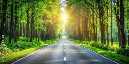 Asphalt road through a sunlit forest with vibrant green foliage