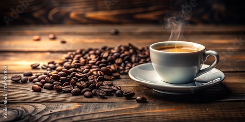 Aromatic coffee cup with steaming espresso and roasted beans on rustic wood