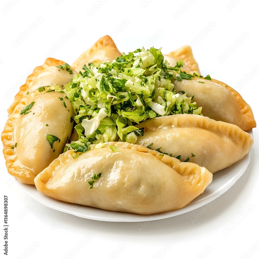 Pierogies Dumplings with Fresh Green Slaw on White Background