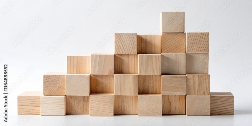 Obraz premium Wooden blocks arranged in ascending order forming a stair-like structure on a white background