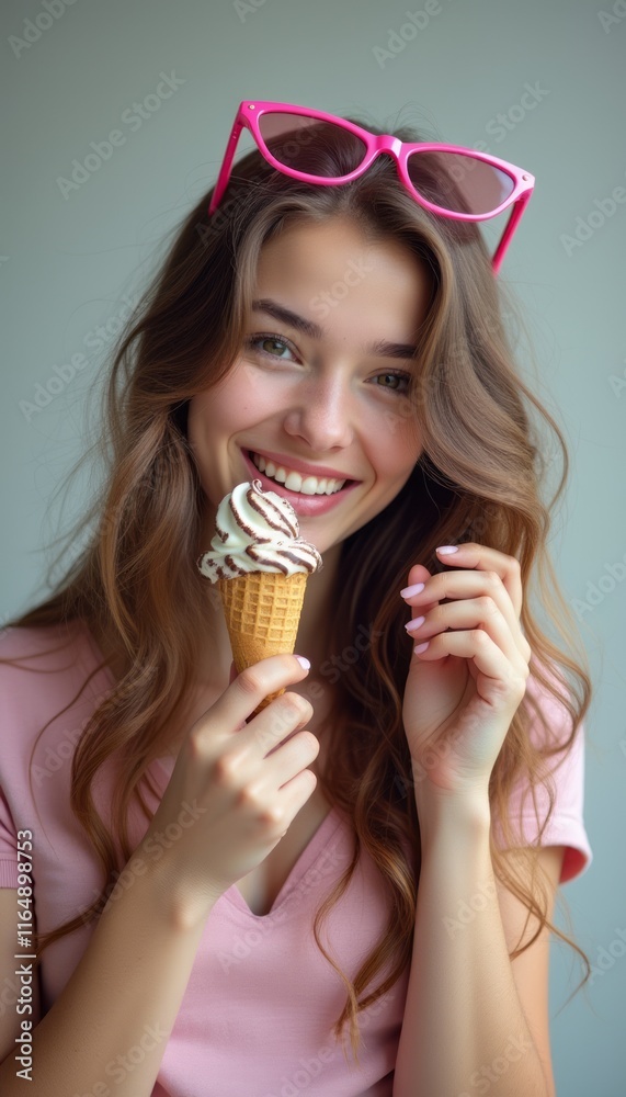 A cheerful young woman with long, wavy hair holds a delicious ice cream cone while wearing stylish pink glasses. Her radiant smile and playful pose capture the essence of summer fun and indulgence. A cheerful young woman with long, wavy hair holds a delicious ice cream cone while wearing stylish pink glasses. Her radiant smile and playful pose capture the essence of summer fun and indulgence.