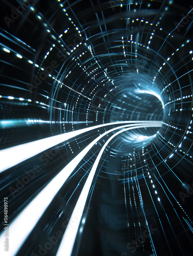 Create a captivating digital representation of a dynamic light tunnel  featuring dynamic patterns and vibrant lines to evoke a sense of depth and movement in a futuristic cyberspace
