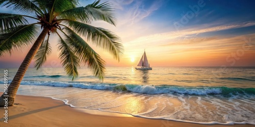 Serene Sunset Vista Palm Tree Silhouette, Ocean Waves, and a Sailboat at Golden Hour