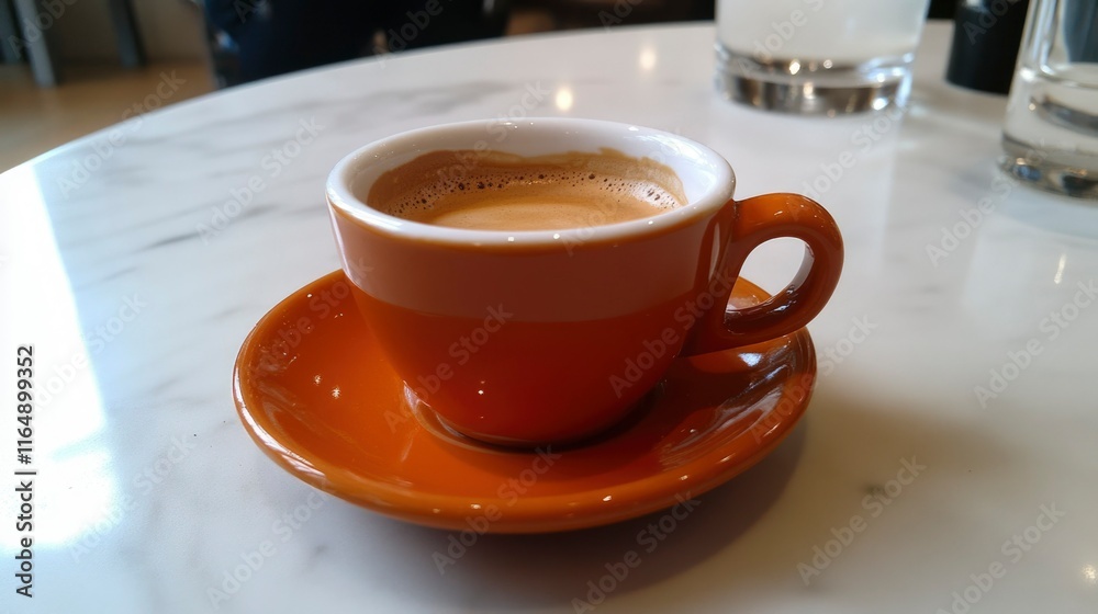 Orange Espresso Cup On Marble Tabletop Orange Espresso Cup On Marble Tabletop