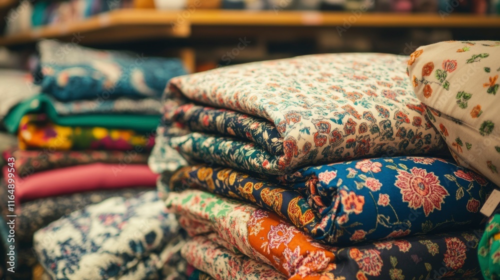 Fototapeta premium Stacked floral patterned fabric textiles in a shop