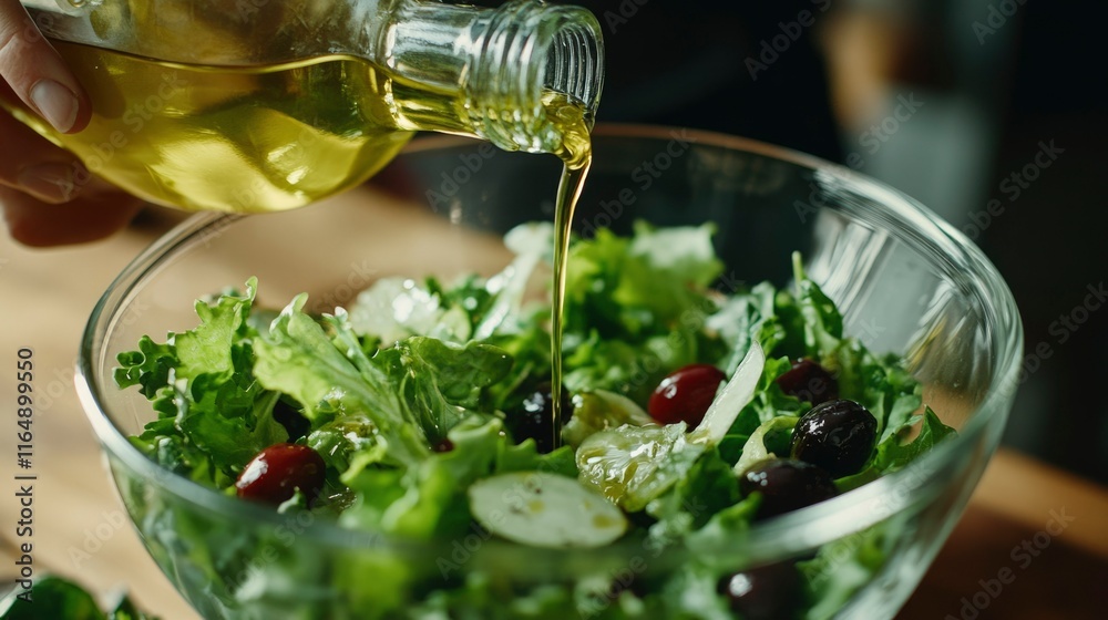Olive oil being poured onto a fresh green salad Olive oil being poured onto a fresh green salad