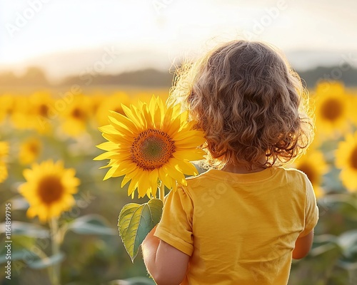 Toddler holding sunflower in field at sunset.