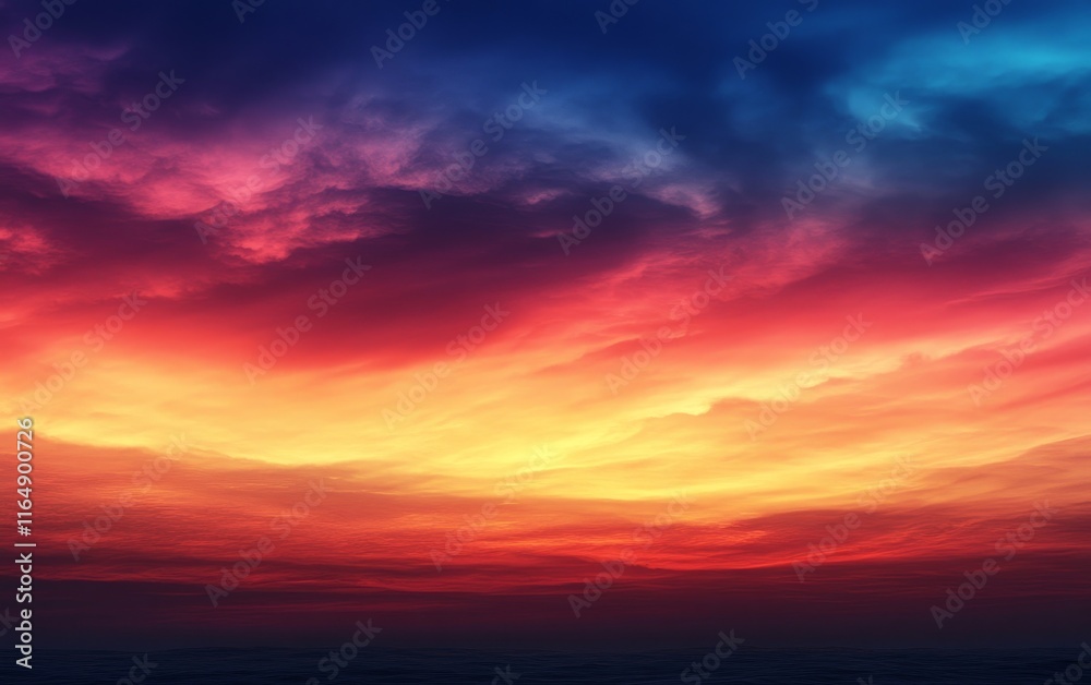 a breathtaking sunrise sky, with a vibrant array of colors.  The clouds are painted in shades of red, orange, yellow, and blue, creating a sense of awe and wonder.