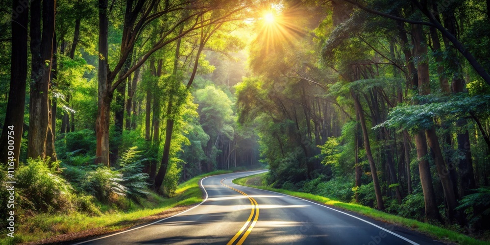 Obraz premium Sunlit Winding Road Through Lush Green Forest Canopy