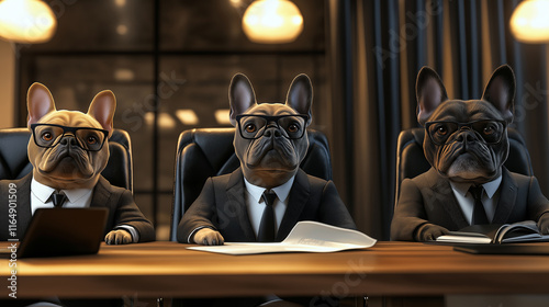 French bulldog businessmen wearing suits and glasses having a meeting photo