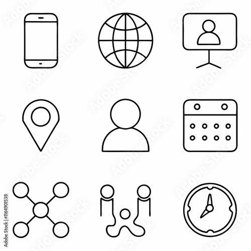 a set of nine minimalistic black-and-white vector icons