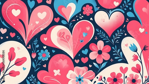 Seamless Pattern of Colorful Hearts with Floral Details on Dark Background. naive valentine background