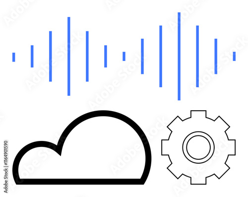 Cloud outline, blue sound waves, and gear icon represent technology integration, data processing, and innovation. Ideal for cloud computing, tech apps, IoT, AI sound tech automation abstract line