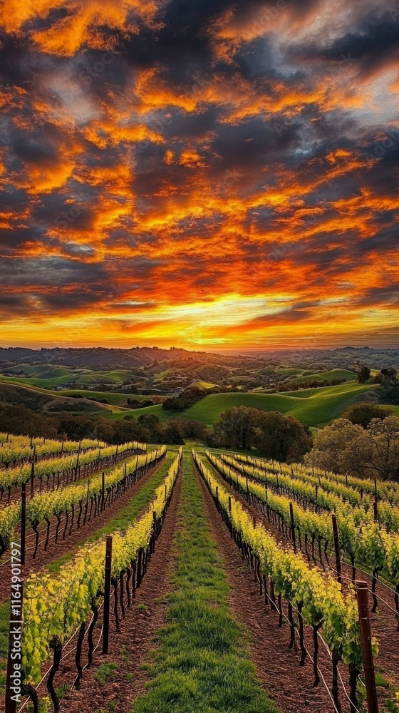 Fototapeta premium Vineyard Rows at Sunset Over Rolling Hills