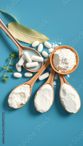 Various White Powders and Capsules in Wooden Spoons: Supplements on Blue