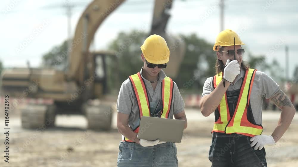 Two construction workers wearing safety helmets, reflective vests, and gloves, using a laptop at a construction site with heavy machinery in the background, showcasing teamwork and site management. Two construction workers wearing safety helmets, reflective vests, and gloves, using a laptop at a construction site with heavy machinery in the background, showcasing teamwork and site management.
