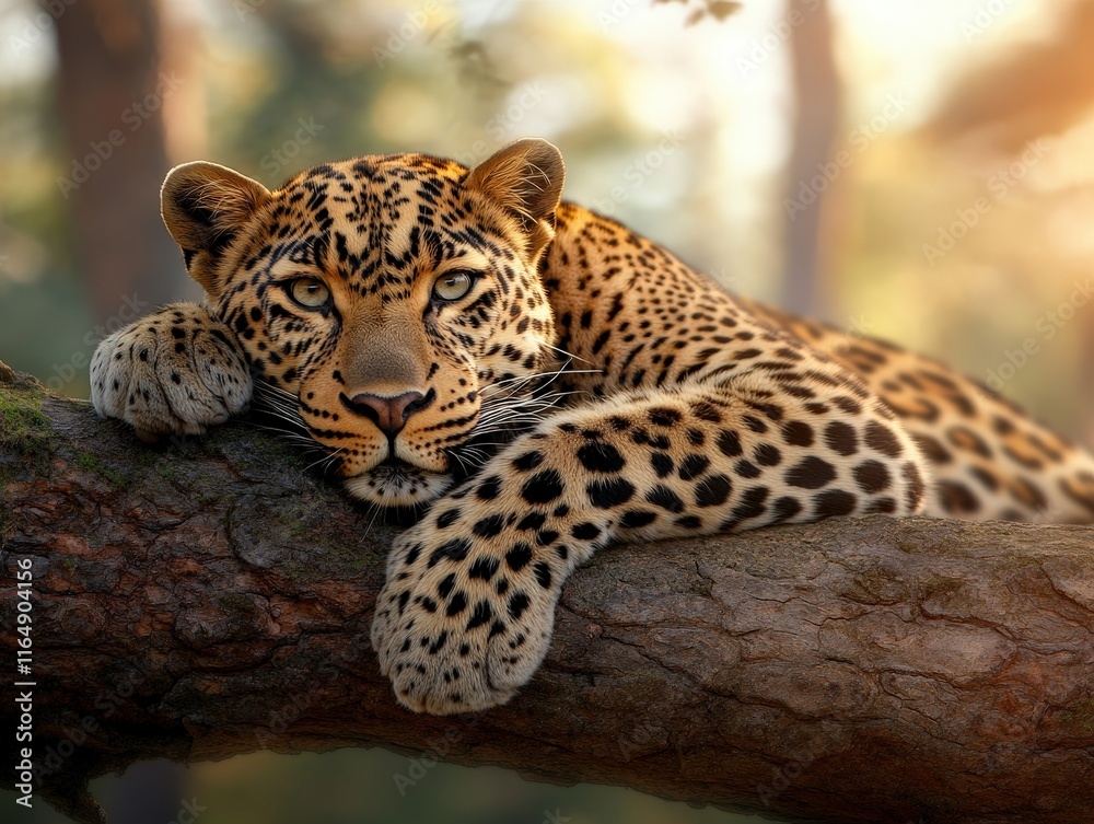 Obraz premium Majestic Leopard Relaxing on a Tree Branch in Sunlit Forest Environment with Soft Background Blur and Natural Beauty