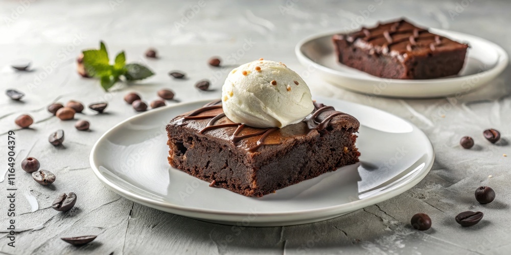 A decadent chocolate brownie, topped with a scoop of creamy vanilla bean ice cream, served on an elegant white plate, surrounded by coffee beans and a sprig of mint. A decadent chocolate brownie, topped with a scoop of creamy vanilla bean ice cream, served on an elegant white plate, surrounded by coffee beans and a sprig of mint.