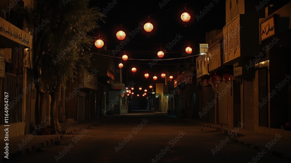Fototapeta premium A quiet Ramadan night with lanterns glowing in an empty street, peaceful and reflective mood 