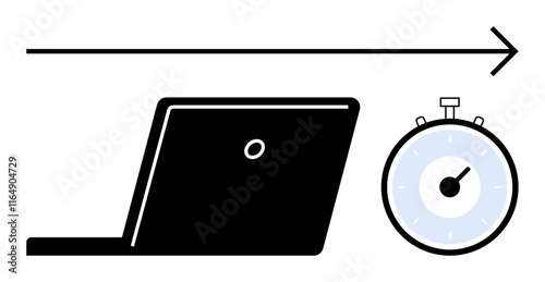 Laptop stopwatch and arrow illustrate themes of efficiency, productivity, time management, workflow optimization, goal tracking, punctuality, and progress. Ideal for project planning, business