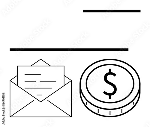 Envelope containing a document alongside a dollar coin symbolizing finance, communication, payments, business transactions, budgeting, accounting, savings, and abstract line flat metaphor