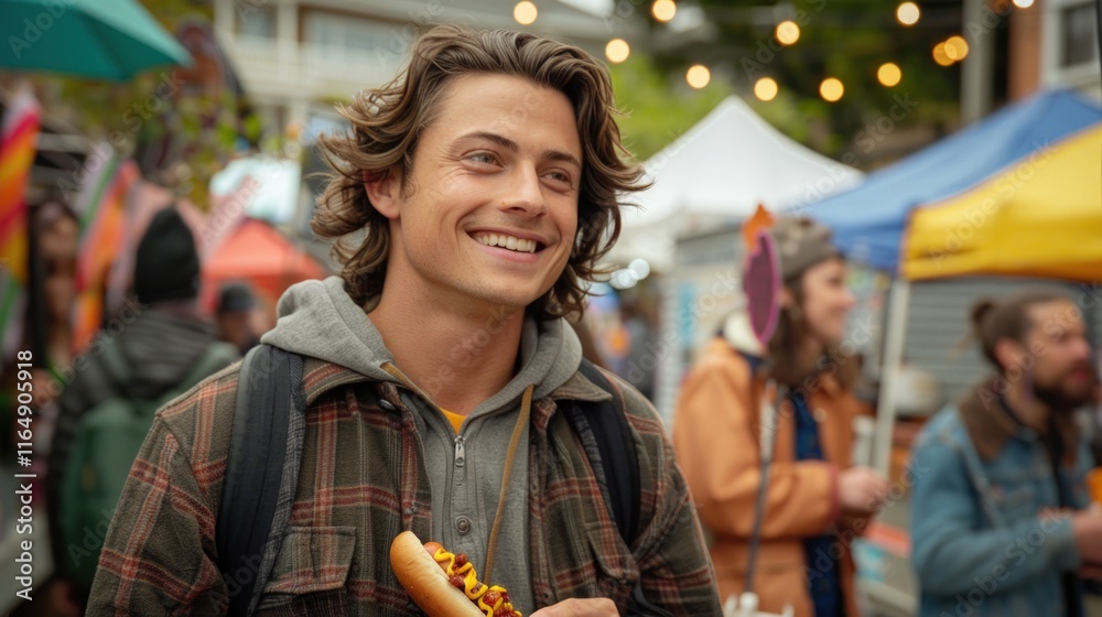 Obraz premium Happy young man smiles at a street food festival, holding a hot dog.