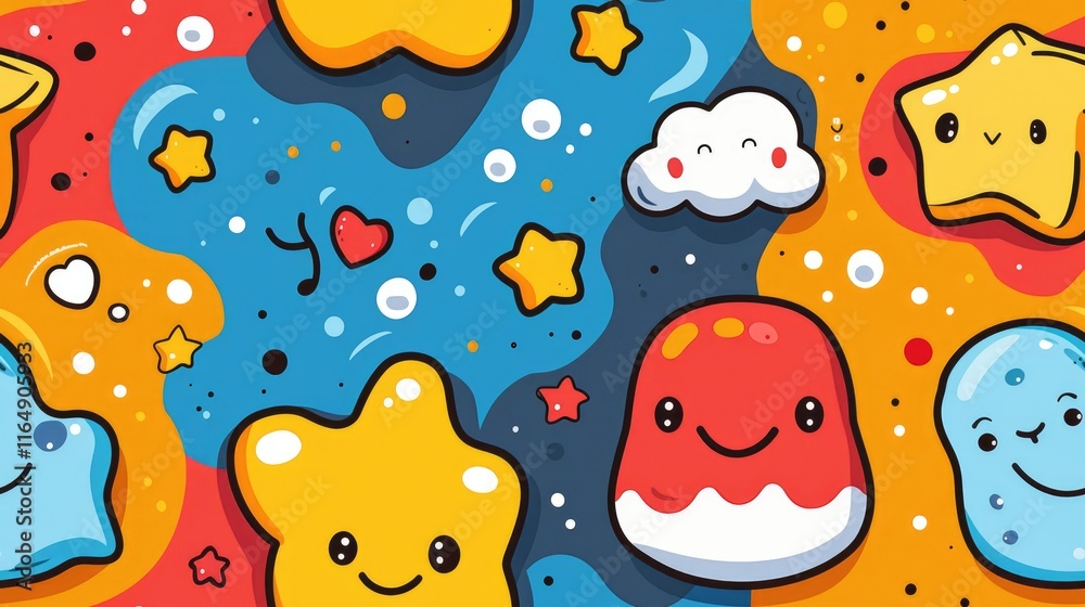 Fototapeta premium A colorful, playful illustration featuring smiling stars, jelly, and clouds on a vibrant background.