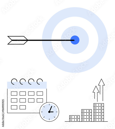 Arrow hitting a bullseye symbolizes focus. Accompanied by a calendar, clock, and upward bar chart. Ideal for planning, time management, progress, goals, productivity success abstract line flat
