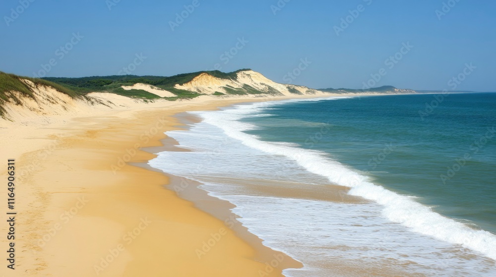 Sandy beach meets ocean waves near green cliffs Sandy beach meets ocean waves near green cliffs