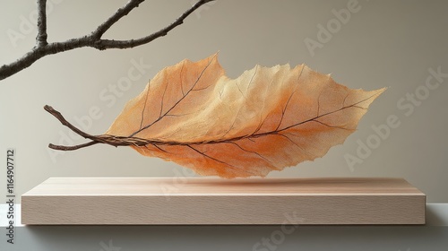 [Sustainable Picnic Sustainable conscious] Vibrant Leaf Sculpture with Feathers Against Minimalist Backdrop