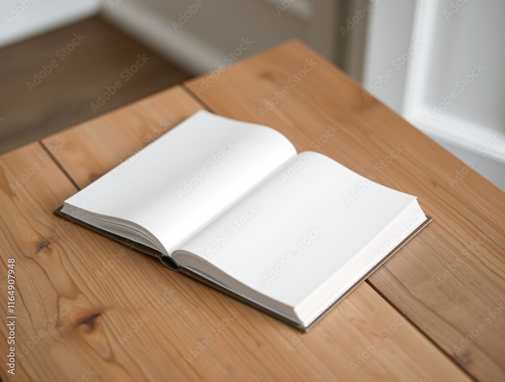 Fototapeta premium A blank white book is placed centrally on a wooden surface with natural grains, creating a clean, minimalistic, and modern composition suitable for concepts related to literature or creative thinking.