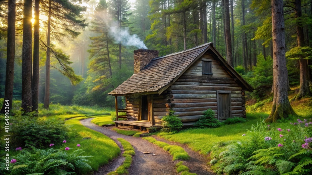 Secluded Log Cabin Nestled in a Sun-Dappled Forest with a Winding Path Secluded Log Cabin Nestled in a Sun-Dappled Forest with a Winding Path