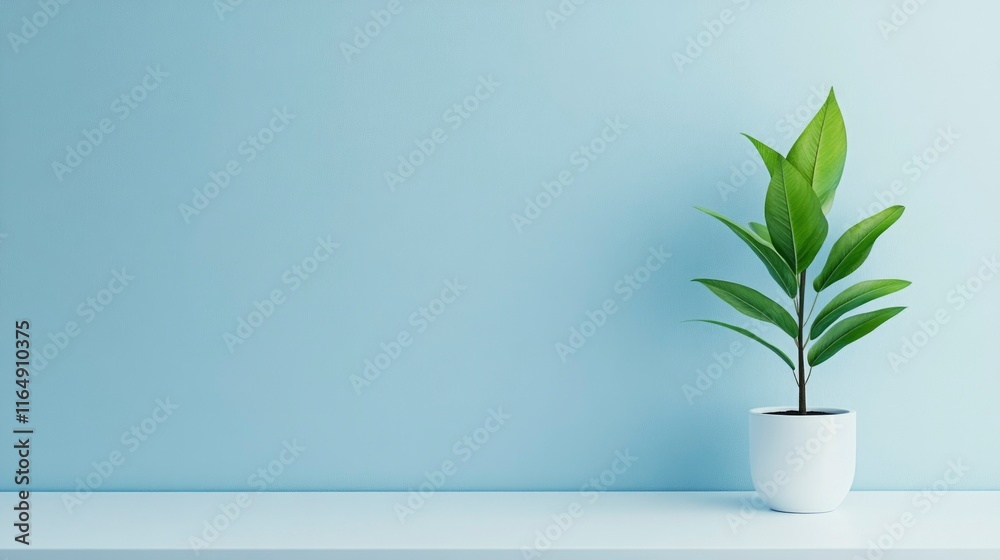 Green plant in white pot against light blue wall Green plant in white pot against light blue wall