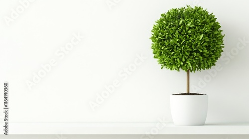 Green spherical topiary tree in white pot on shelf