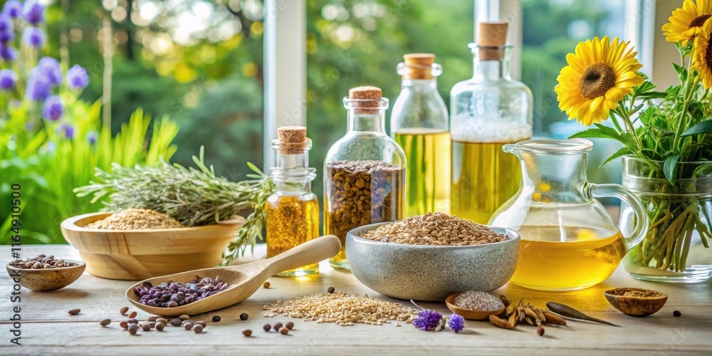 Healthy Cooking Ingredients and Oils in Rustic Setting