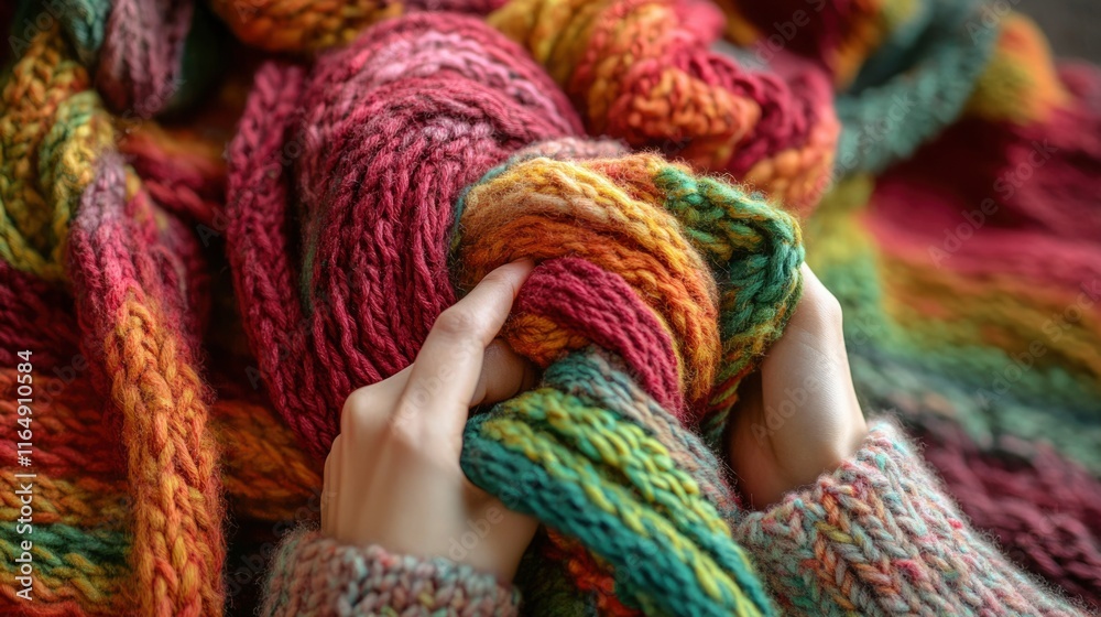 Hands Gently Holding Colorful Knitted Yarn