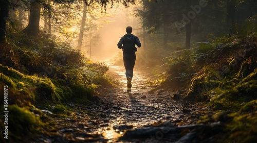 misty forest trail running at sunrise capturing a backlit runner in a scenic woodland path with nature and adventure photography themes photo