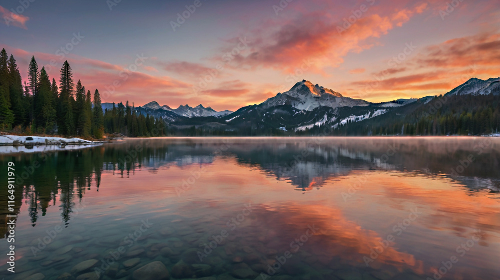 Fototapeta premium Breathtaking mountain lake at sunrise with vibrant skies, snow-capped peaks, and serene reflections. Beauty of nature concept background.