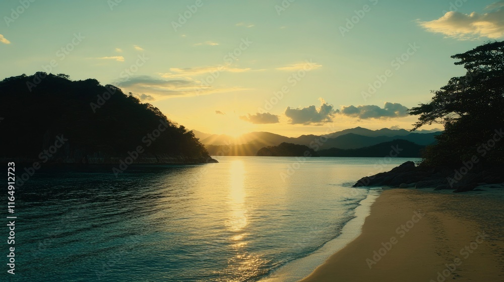 Fototapeta premium Serene Sunset Over Coastal Mountains And Sandy Beach