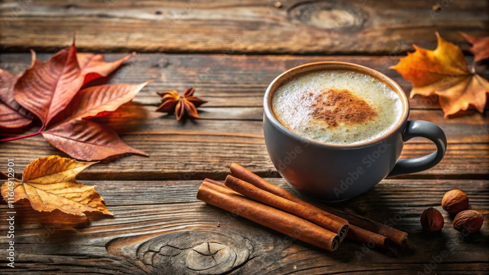 Autumnal Coffee Break Warm Drink with Cinnamon and Nuts on Rustic Wood Autumnal Coffee Break Warm Drink with Cinnamon and Nuts on Rustic Wood