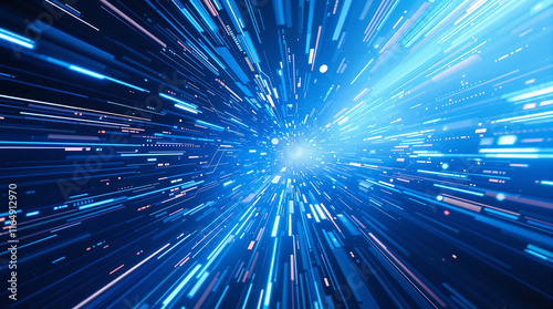 Abstract depiction of a hyperspace jump with bright blue light streaks, conveying speed and motion. Great for sci-fi, technology, and futuristic visuals.

 photo