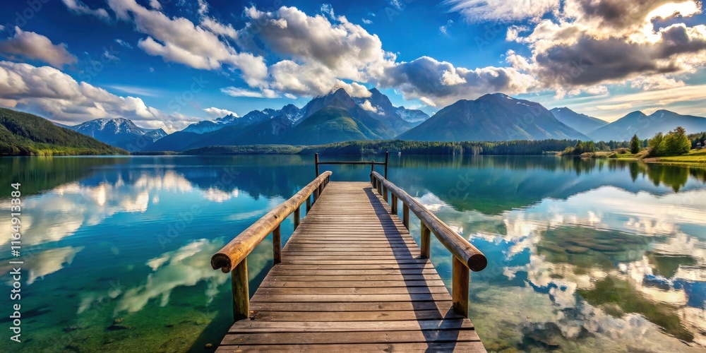 Obraz premium Serene wooden dock extending over tranquil lake reflecting majestic mountain range under a vibrant sky