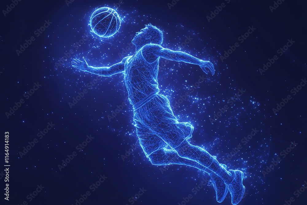 basketball player in action, jumping high to make a slam dunk with energy and precision. The design captures athleticism, power, and the excitement of the game, rendered in a sleek low-poly style with basketball player in action, jumping high to make a slam dunk with energy and precision. The design captures athleticism, power, and the excitement of the game, rendered in a sleek low-poly style with