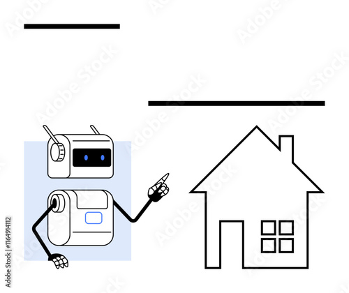 Drawing of a friendly robot with antennas and a screen face pointing at a simple house blueprint with minimalistic design. Ideal for technology, innovation, AI, smart homes, future living, robotics