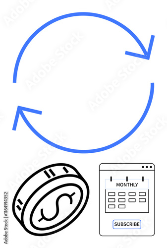 Circular arrows representing a cycle, a dollar coin indicating money, and a monthly subscription calendar. Ideal for finance, recurring payments, subscriptions, billing, budgeting, financial