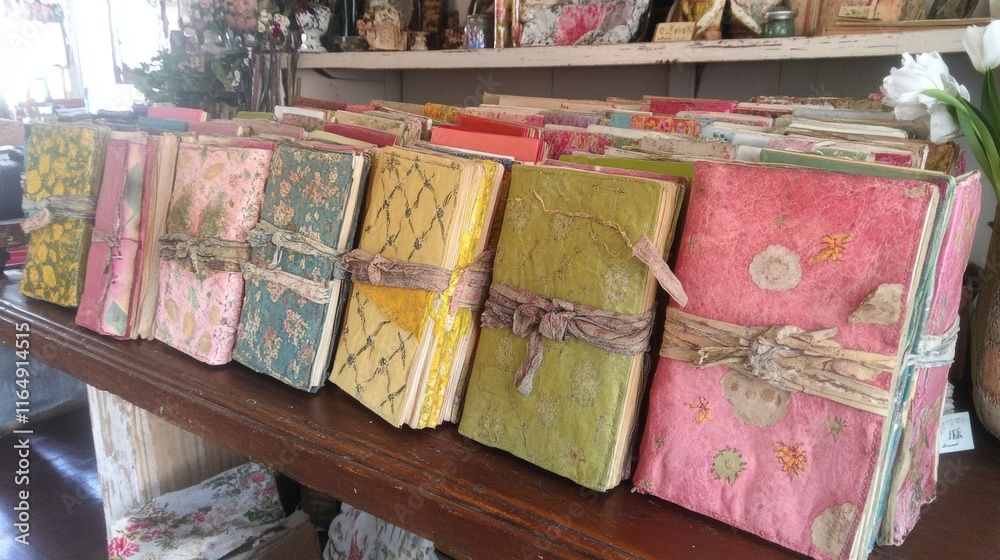 Obraz premium Antique Journals Displayed On Wooden Shelf