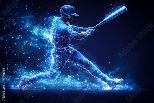 a baseball player in action, swinging a bat to hit the ball with power and precision. The design captures energy, athleticism, and competition, rendered in a sleek low-poly style with glowing effects