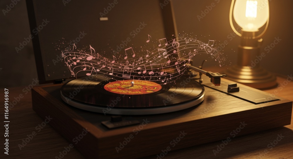 Obraz premium Vintage record player with magical musical notes and artistic lighting